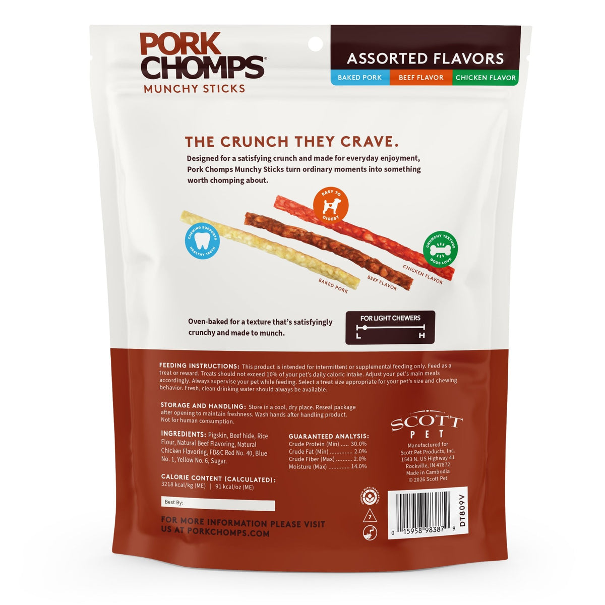 Pork Chomps - 4-5" Assorted Natural, Beef & Chicken Flavor Munchy Sticks - 50 Count