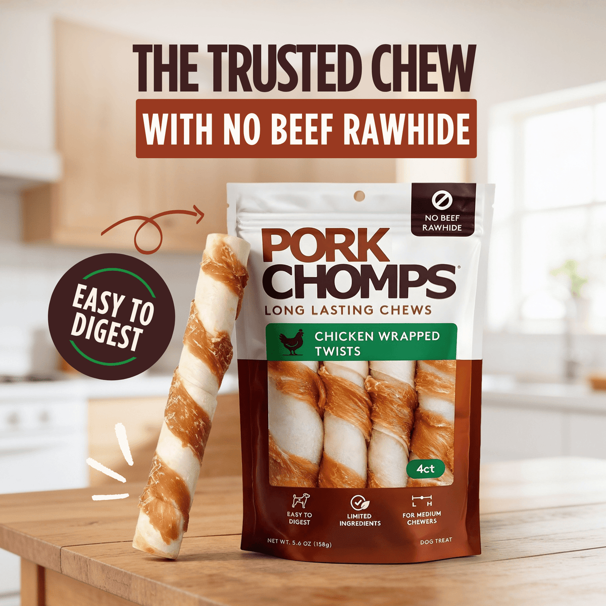 Pork Chomps - Real Chicken Wrapped Twists - 4 Count