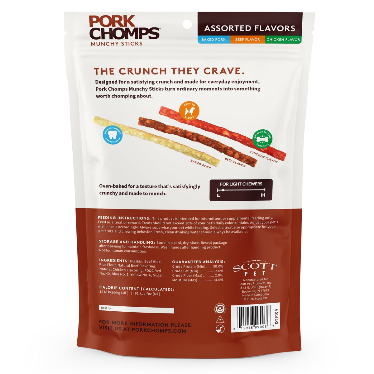 Pork Chomps - 4-5" Assorted Natural, Beef & Chicken Flavor Munchy Sticks - 100 Count
