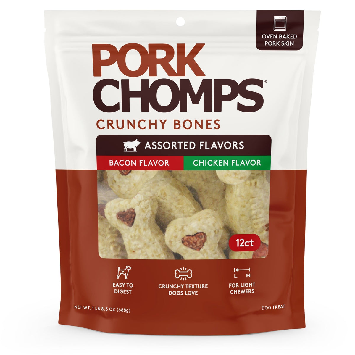 Pork Chomps - 4" Assorted Bacon & Chicken Flavor Crunchy Bone - 12 Count