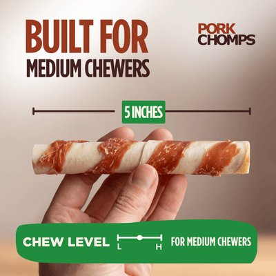 Pork Chomps - Real Chicken Wrapped Twists - 4 Count for Medium Chewers