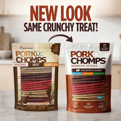 Pork Chomps - 4-5" Assorted Natural, Beef & Chicken Flavor Munchy Sticks - 100 Count New Look