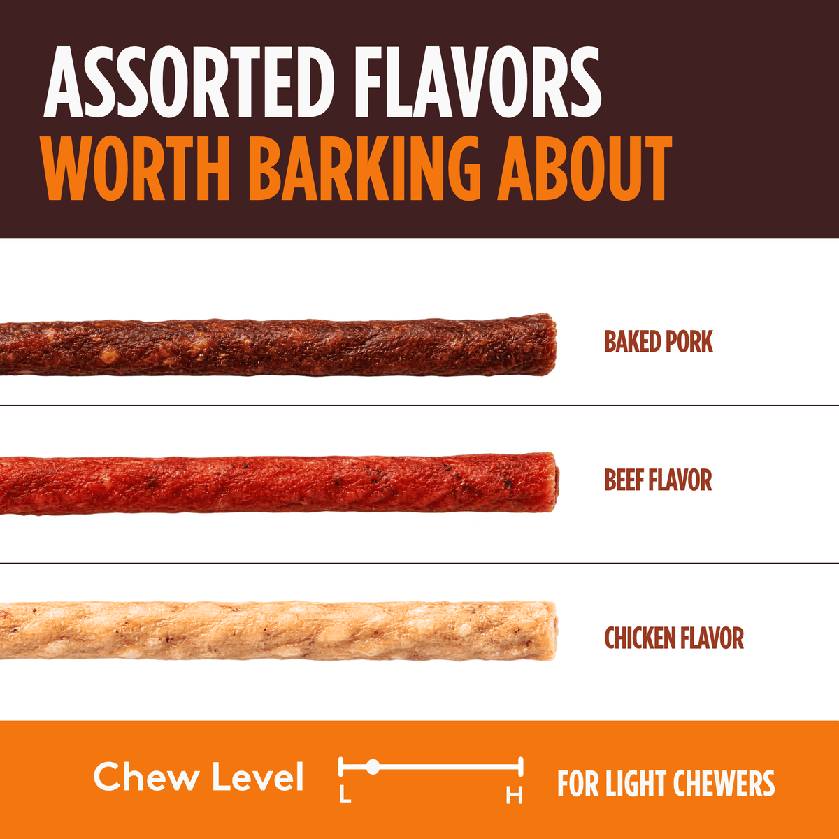 Pork Chomps - 4-5" Assorted Natural, Beef & Chicken Flavor Munchy Sticks - 100 Count