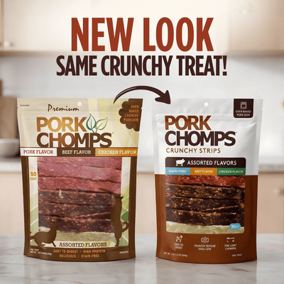 Pork Chomps - 6" Assorted Natural, Beef and Chicken Flavor Crunchy Strips - 50 Count New Look