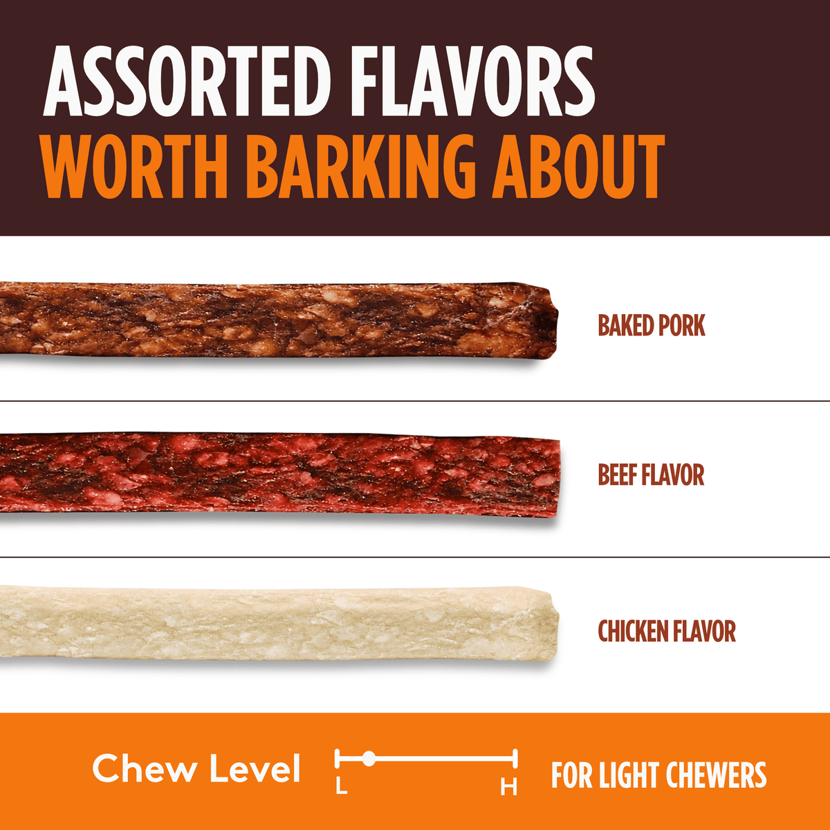 Pork Chomps - 6" Assorted Natural, Beef and Chicken Flavor Crunchy Strips - 50 Count