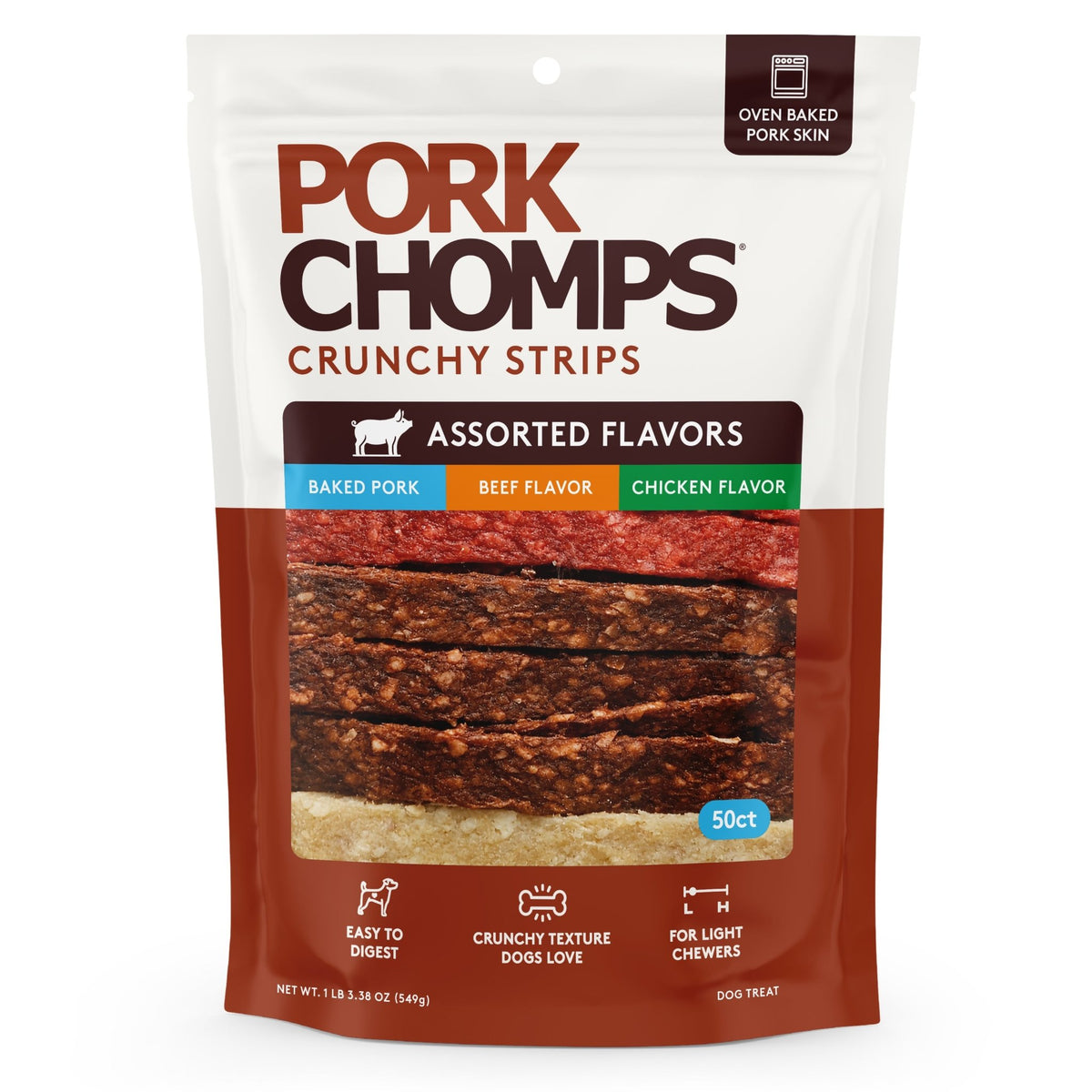 Pork Chomps - 6" Assorted Natural, Beef and Chicken Flavor Crunchy Strips - 50 Count